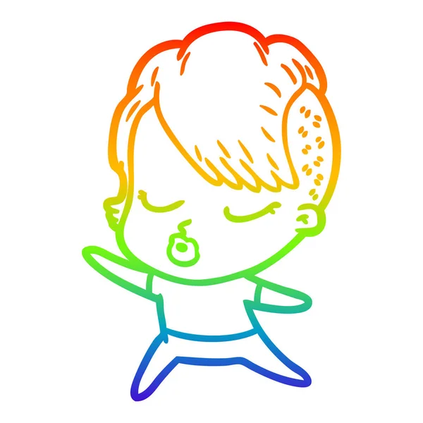 Rainbow gradient line drawing cartoon pretty hipster girl — Stock Vector