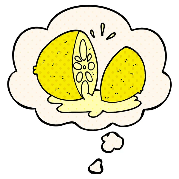 Cartoon cut lemon and thought bubble in comic book style — Stock Vector