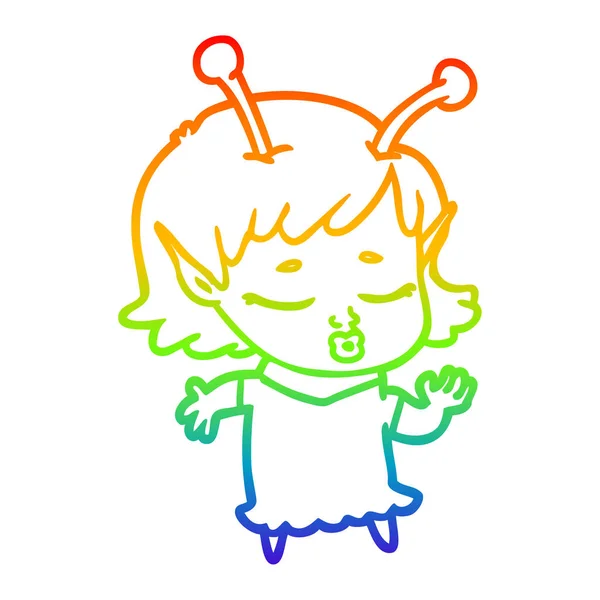 Rainbow gradient line drawing cute alien girl cartoon — Stock Vector