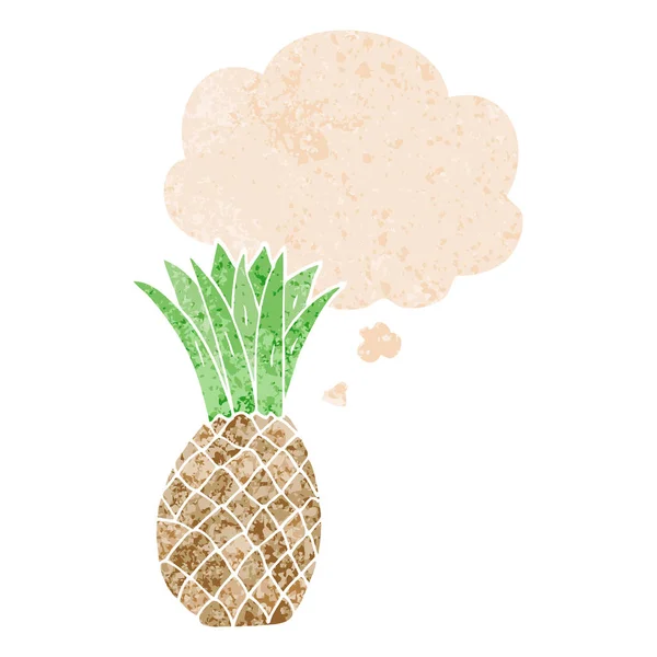 Piña de dibujos animados y burbuja de pensamiento en estilo texturizado retro — Vector de stock