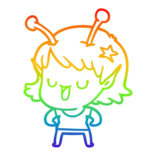 Arco iris gradiente línea dibujo feliz chica alienígena dibujos animados — Vector de stock