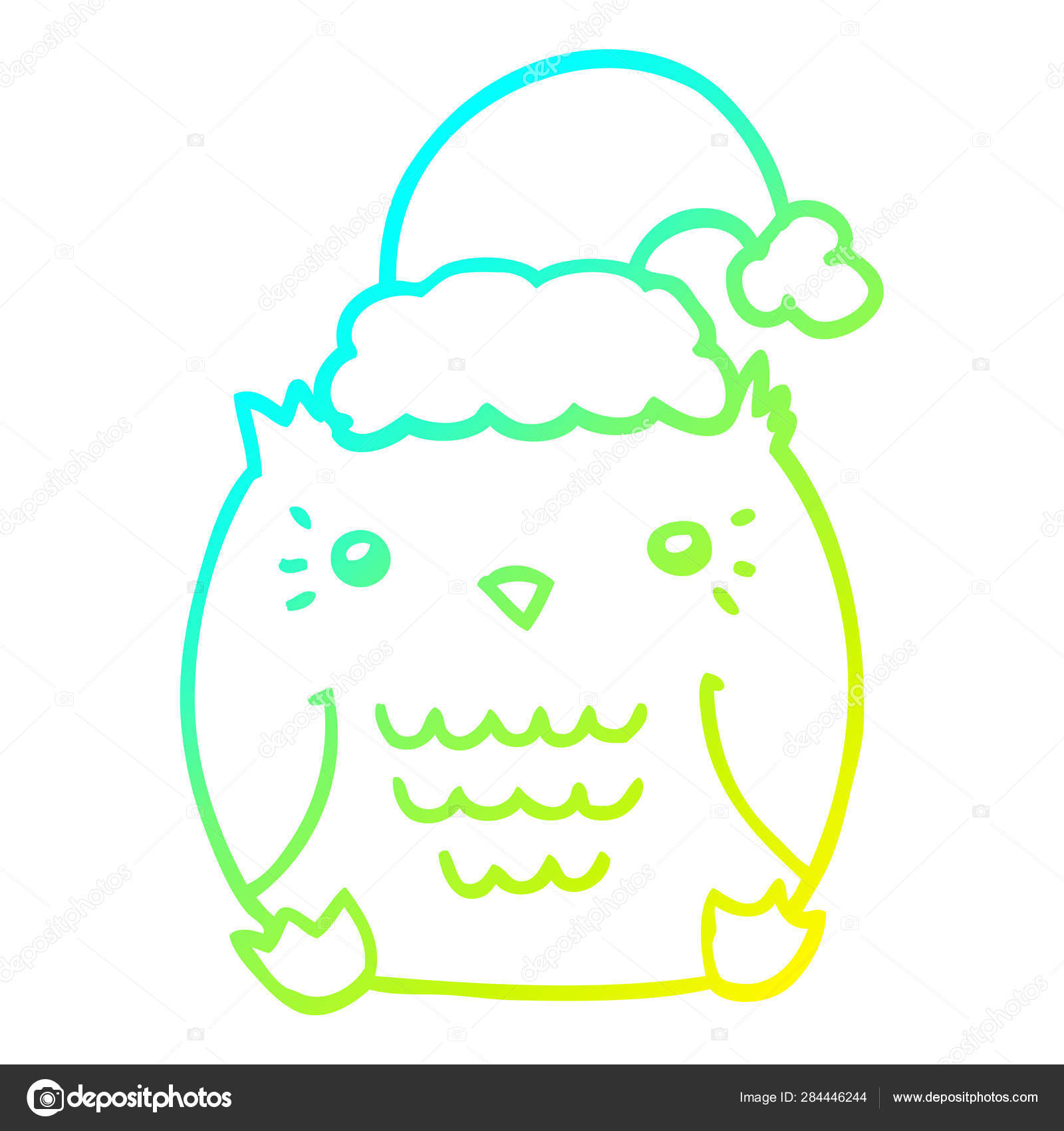 Cold Gradient Line Drawing Cute Cartoon Owl Wearing Christmas Ha