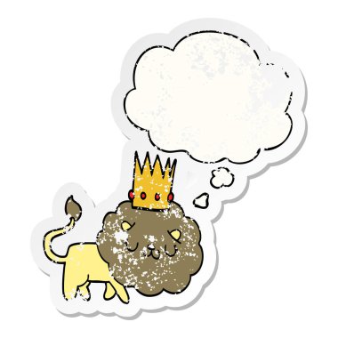 sıkıntılı yıpranmış olarak taç ve düşünce balonu ile karikatür aslan 