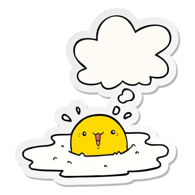 sevimli karikatür kızarmış yumurta ve baskılı bir etiket olarak kabarcık düşünce