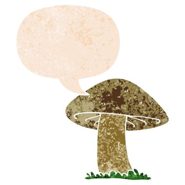 retro dokulu tarzda karikatür mantar ve konuşma balonu