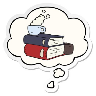 karikatür kitap ve kahve fincanı ve baskılı sti olarak düşünce balonu
