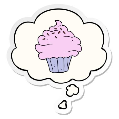 karikatür cupcake ve baskılı bir etiket olarak kabarcık düşünce
