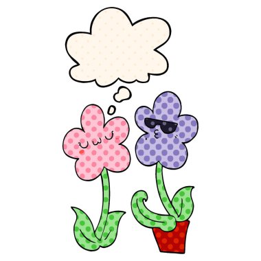 sevimli karikatür çiçek ve çizgi roman tarzında kabarcık düşünce