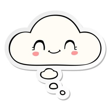 sevimli karikatür yüz ve baskılı bir etiket olarak kabarcık düşünce