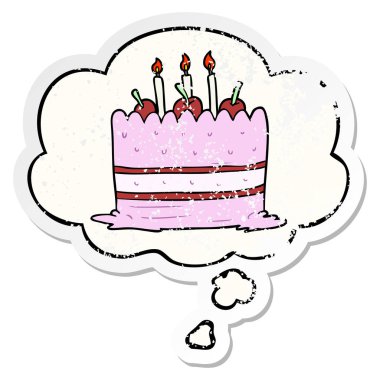 karikatür pasta ve sıkıntılı yıpranmış etiket olarak kabarcık düşünce