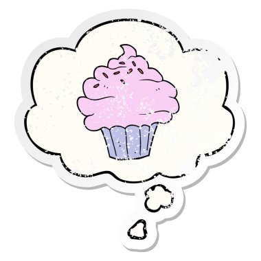 karikatür cupcake ve sıkıntılı yıpranmış etiket olarak kabarcık düşünce