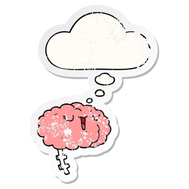 mutlu karikatür beyin ve sıkıntılı yıpranmış stic olarak kabarcık düşünce