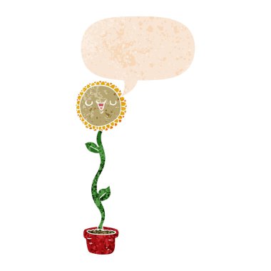 retro dokulu tarzda karikatür ayçiçeği ve konuşma balonu