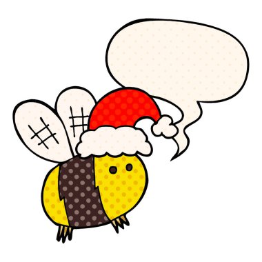 sevimli karikatür arı comi noel şapka ve konuşma balonu giyen