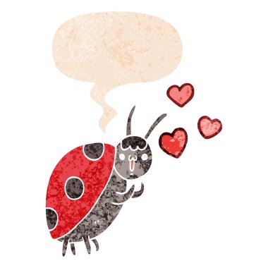 retro dokulu aşk ve konuşma balonu sevimli karikatür uğur böceği