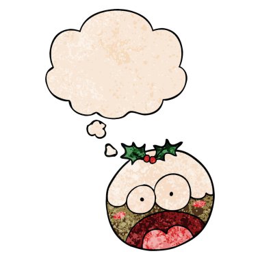 karikatür şok chrstmas puding ve grunge te düşünce balonu