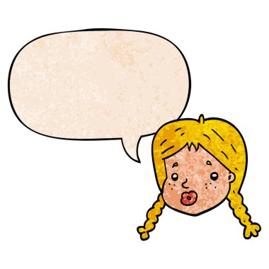 karikatür kızlar retro doku tarzında yüz ve konuşma balonu