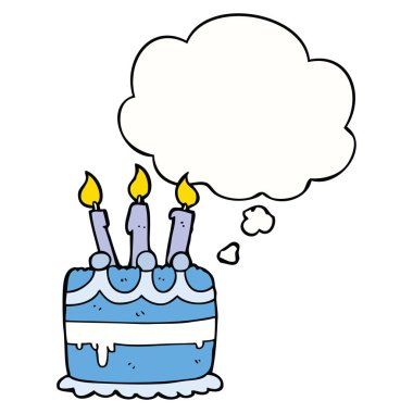 karikatür doğum günü pastası ve düşünce balonu