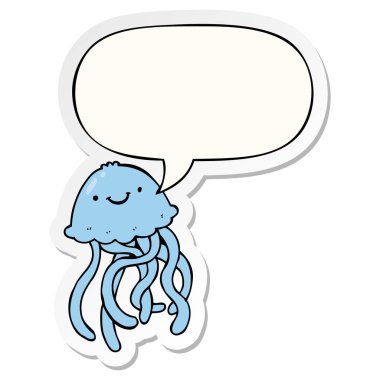 karikatür mutlu denizanası ve konuşma kabarcık etiket