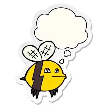 karikatür arı ve baskılı bir etiket olarak kabarcık düşünce