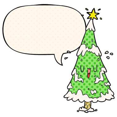karikatür karlı noel ağacı ve mutlu yüz ve konuşma balonu içinde