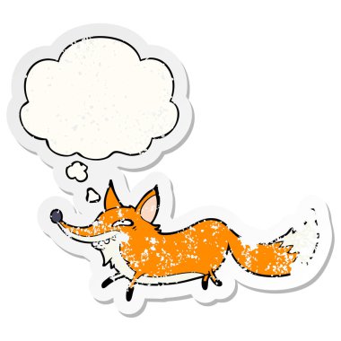 karikatür kurnaz tilki ve sıkıntılı yıpranmış etiket olarak kabarcık düşünce