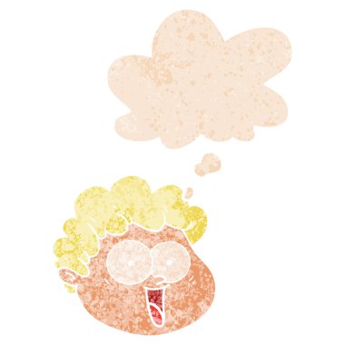 retro dokulu tarzda karikatür erkek yüz ve düşünce balonu