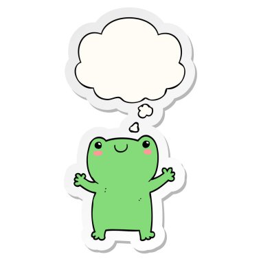 sevimli karikatür kurbağa ve baskılı bir etiket olarak kabarcık düşünce