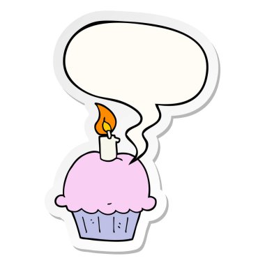 karikatür doğum günü cupcake ve konuşma kabarcık etiket