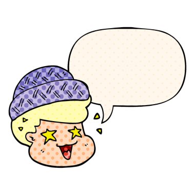 çizgi roman tarzında şapka ve konuşma balonu giyen karikatür çocuk