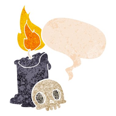 retro dokulu sty karikatür kafatası ve mum ve konuşma balonu