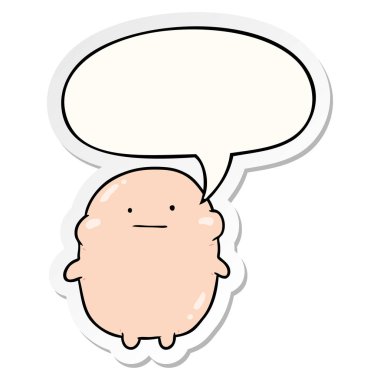 sevimli şişman karikatür insan ve konuşma kabarcık etiket