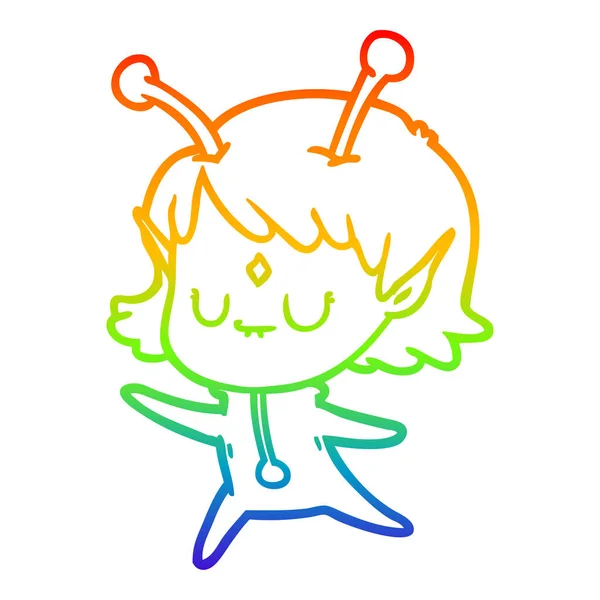 Regenboog gradiënt lijntekening cartoon Alien meisje — Stockvector