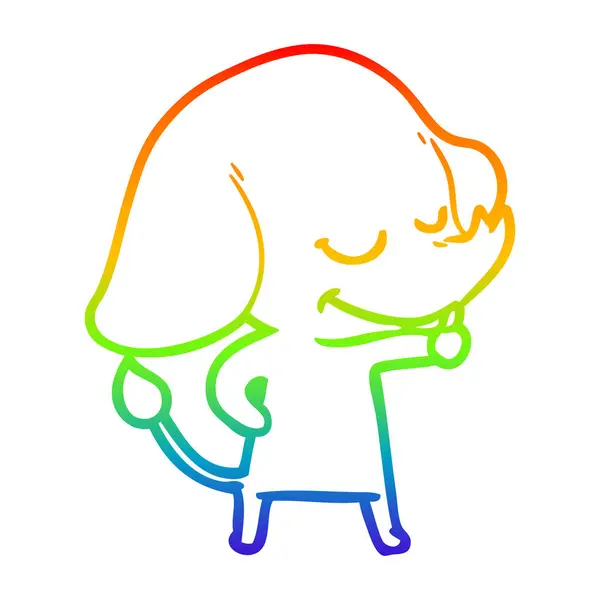 Rainbow gradient linje ritning tecknad leende elefant — Stock vektor