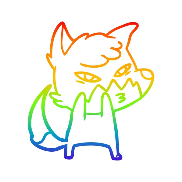 Rainbow gradient line drawing clever cartoon fox — Stock Vector