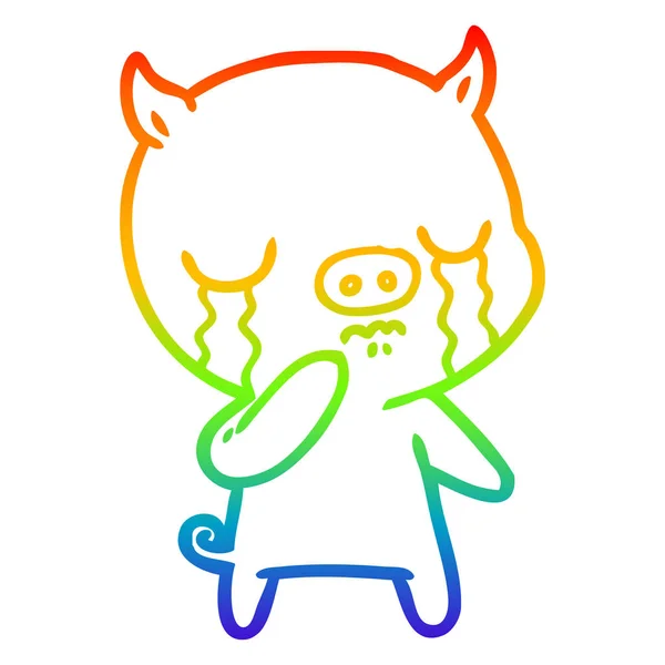 Rainbow gradient line drawing cartoon pig crying — Stock Vector