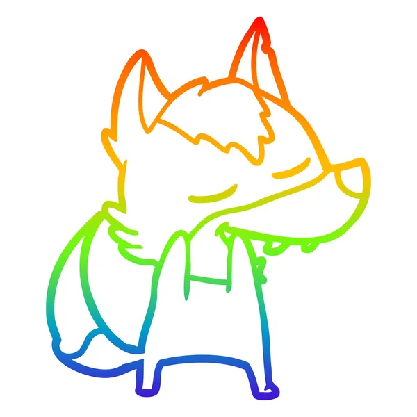 Arco iris gradiente línea dibujo dibujos animados lobo riendo — Vector de stock