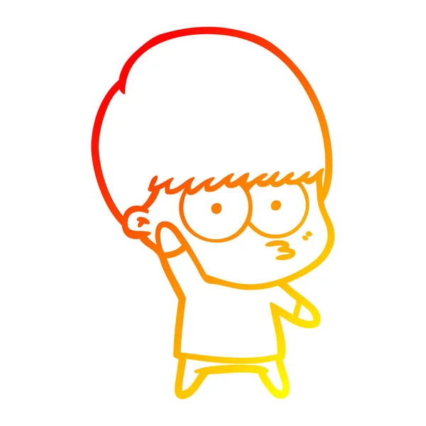 Warme Gradientenlinie zeichnet nervösen Cartoon-Jungen, der winkt — Stockvektor