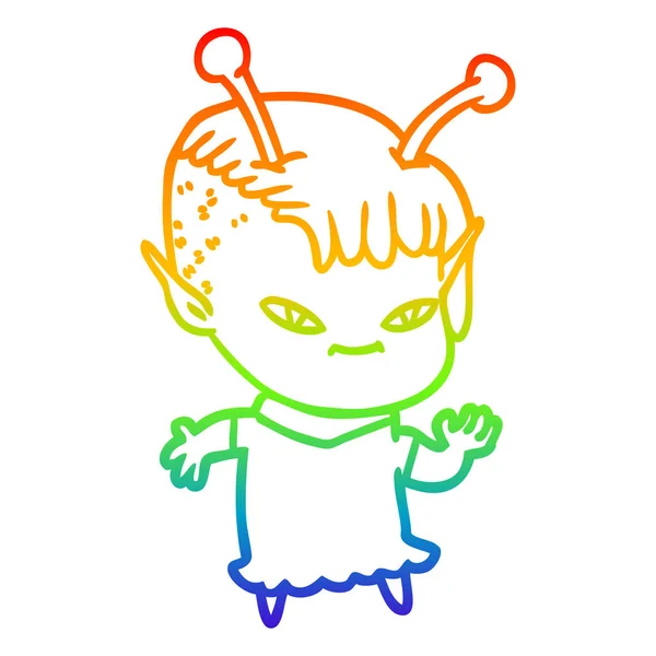 Rainbow gradient ligne dessin mignon dessin animé alien fille — Image vectorielle