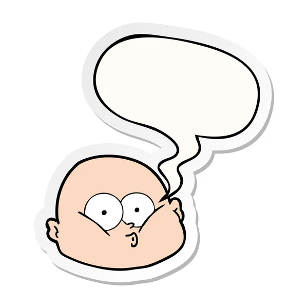 Karikatür meraklı kel adam ve konuşma kabarcık etiket — Stok Vektör
