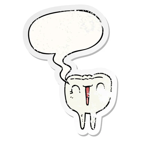 Cartoon happy Zahn und Sprechblase distressed Aufkleber — Stockvektor