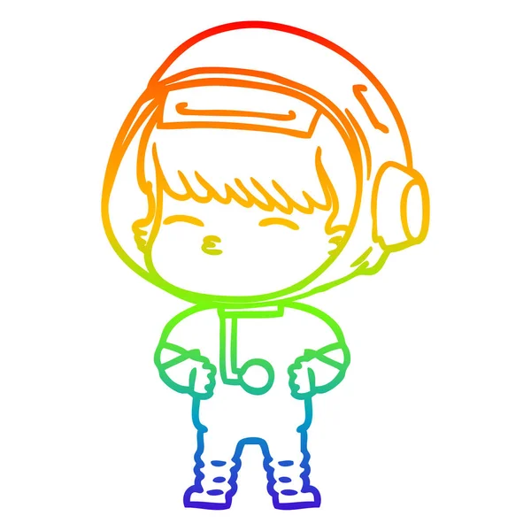 Linea gradiente arcobaleno disegno cartone animato astronauta curioso — Vettoriale Stock
