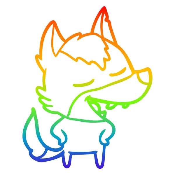 Linea gradiente arcobaleno disegno cartone animato lupo ridere — Vettoriale Stock