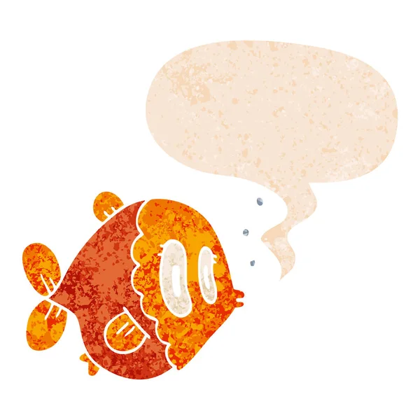 Retro dokulu tarzda karikatür balık ve konuşma balonu — Stok Vektör