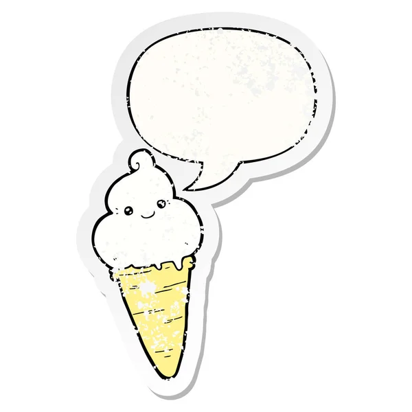 Cartoon ice cream and speech bubble distressed sticker — Stock Vector
