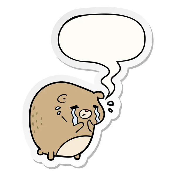 Cartoon crying bear and speech bubble sticker — Stock Vector