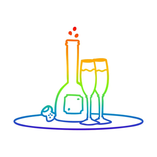 Rainbow gradient ligne dessin dessin dessin animé champagne sur plateau — Image vectorielle