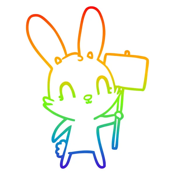 Rainbow gradient line drawing cute cartoon rabbit with sign — Stock Vector