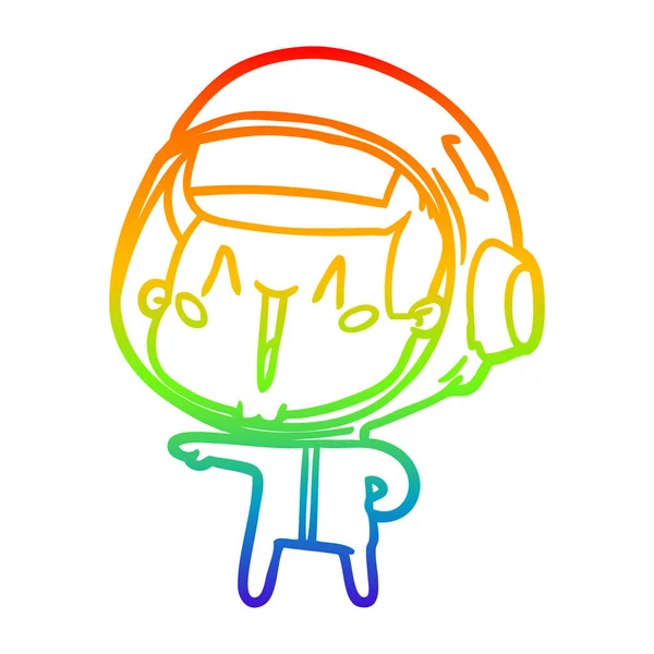 Rainbow gradient linje ritning lycklig tecknad astronaut pekar — Stock vektor