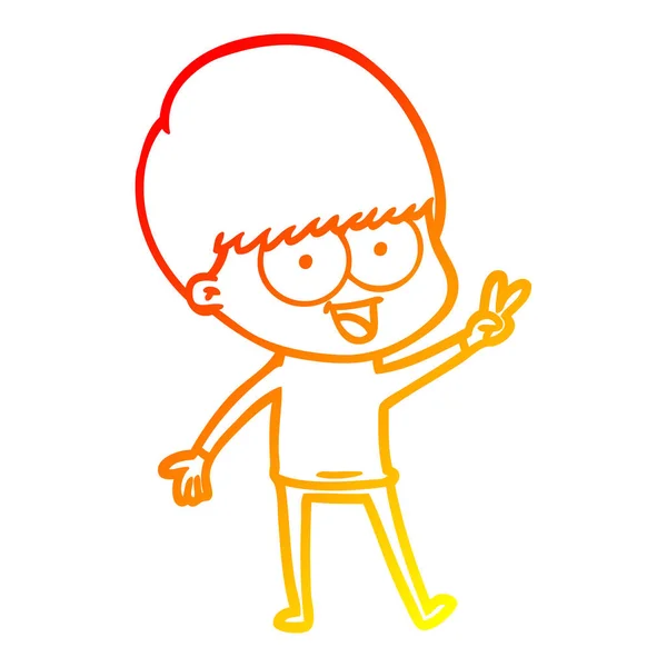 Caliente gradiente línea dibujo feliz dibujos animados chico saludando — Archivo Imágenes Vectoriales